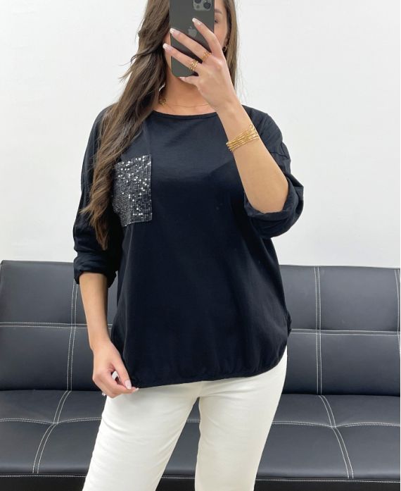 T-SHIRT COTON POCHE PAILLETEE PE0810 NOIR