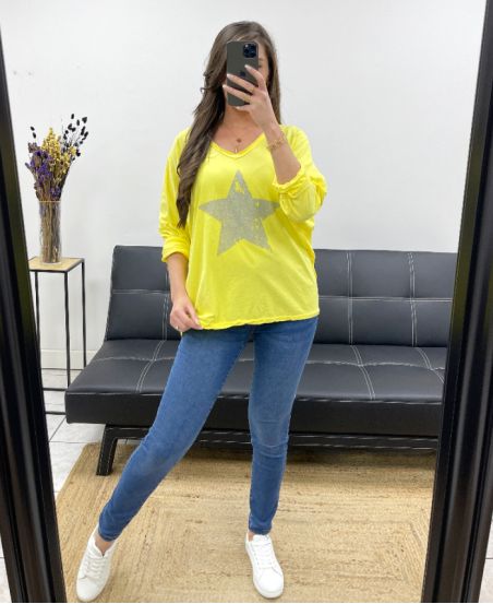 RHINESTONE STAR COTTON T-SHIRT PE0790 YELLOW