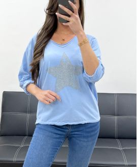 T-SHIRT COTON ETOILE STRASS PE0790 BLEU CIEL