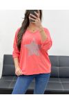 RHINESTONE STAR COTTON T-SHIRT PE0790 CORAL