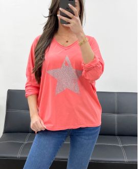 RHINESTONE STAR COTTON T-SHIRT PE0790 CORAL