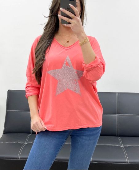 RHINESTONE STAR COTTON T-SHIRT PE0790 CORAL