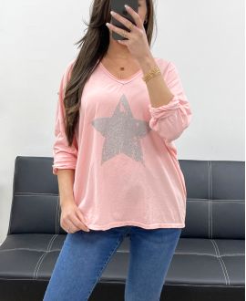 T-SHIRT COTON ETOILE STRASS PE0790 ROSE