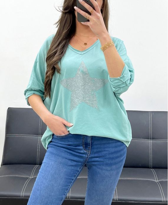 RHINESTONE STAR COTTON T-SHIRT PE0790 GREEN