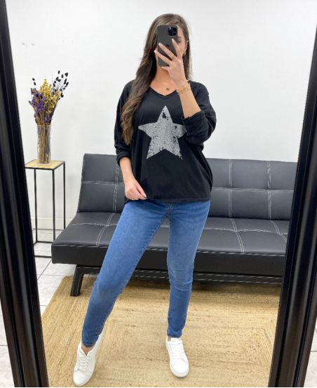 T-SHIRT IN COTONE STRASS STAR PE0790 NERA