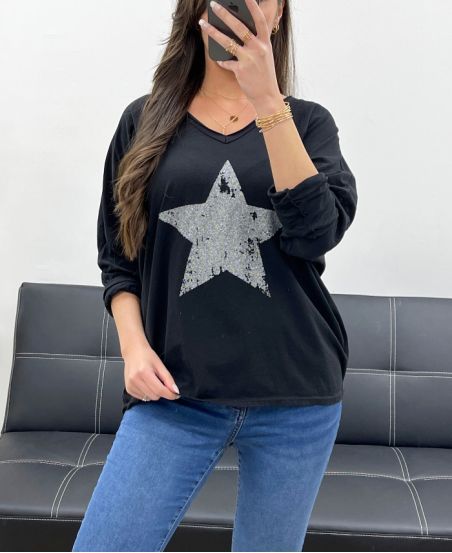 CAMISETA DE ALGODÓN ESTRELLA DE PEDRERÍA PE0790 NEGRO