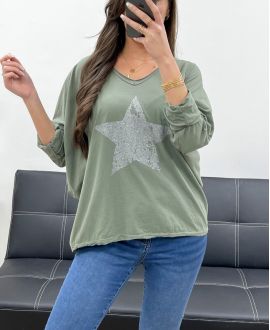 RHINESTONE STAR COTTON T-SHIRT PE0790 KHAKI