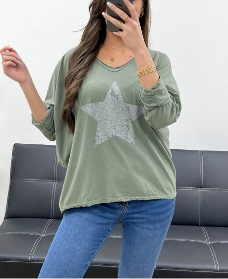 RHINESTONE STAR COTTON T-SHIRT PE0790 KHAKI