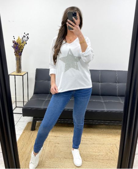 T-SHIRT IN COTONE STRASS STAR PE0790 BIANCO