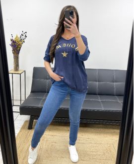 BOHEMIAN COTTON SATIN T-SHIRT PE0764 NAVY