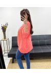 TWO-MATERIAL COTTON-LINEN T-SHIRT ECRITURE GOLD PE0762 CORAL