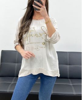 T-SHIRT COTON-LIN BI-MATIERE ECRITURE GOLD PE0762 BEIGE