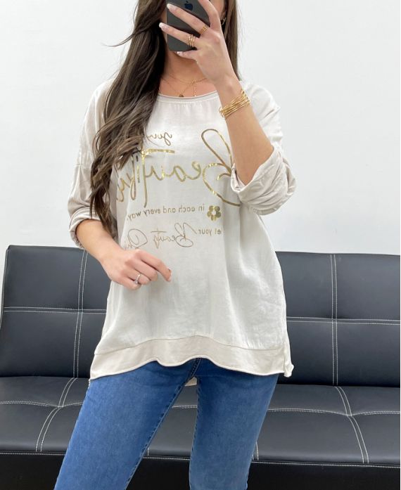 T-SHIRT BIMATERIALE COTONE-LINO ECRITURE GOLD PE0762 BEIGE