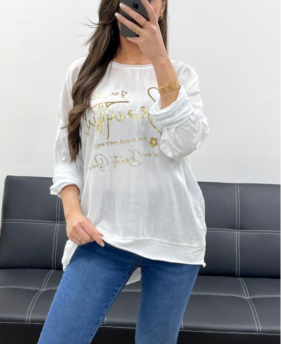 T-SHIRT COTON-LIN BI-MATIERE ECRITURE GOLD PE0762 BLANC