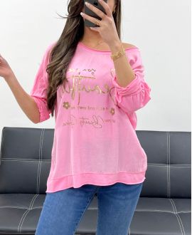 T-SHIRT BIMATERIALE COTONE-LINO ECRITURE GOLD PE0762 ROSA