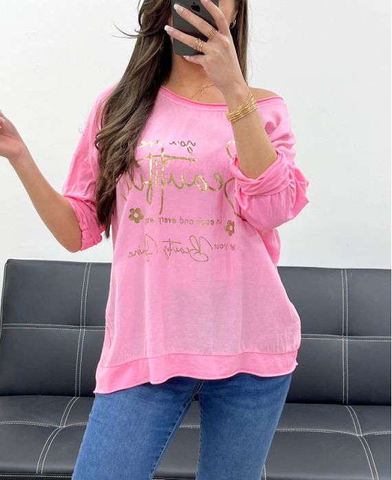 T-SHIRT BIMATERIALE COTONE-LINO ECRITURE GOLD PE0762 ROSA