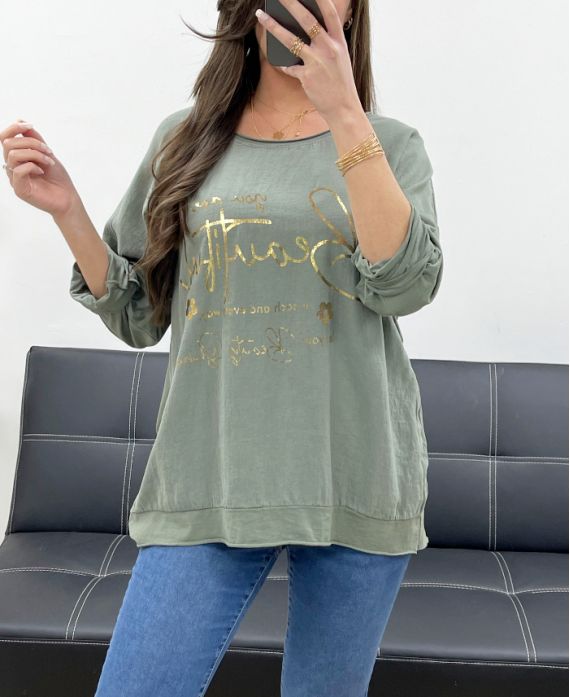 T-SHIRT COTON-LIN BI-MATIERE ECRITURE GOLD PE0762 KAKI