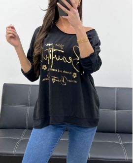 T-SHIRT COTON-LIN BI-MATIERE ECRITURE GOLD PE0762 NOIR