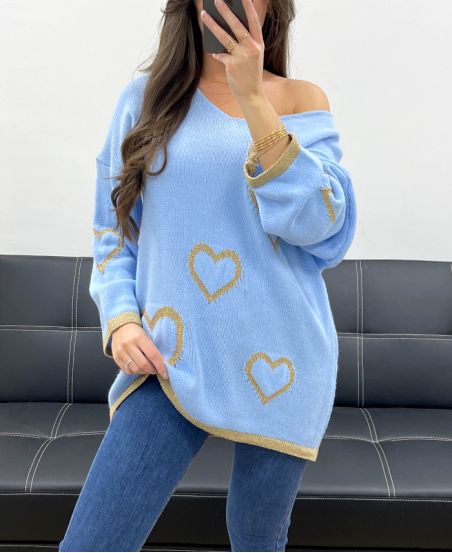 JERSEY OVERSIZE CORAZONES LUREX PE0343 AZUL CIELO