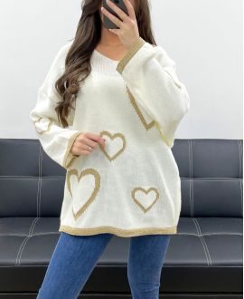 OVERSIZED SWEATER HEARTS LUREX PE0343 WHITE