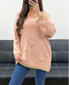 MAGLIA OVERSIZE CUORI LUREX PE0343 ROSA