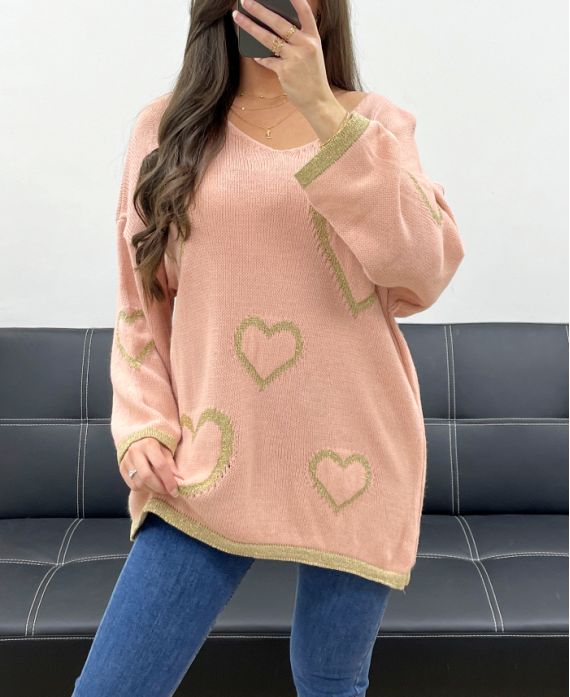 OVERSIZED SWEATER HEARTS LUREX PE0343 PINK