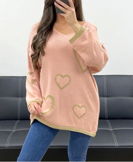 OVERSIZE-PULLOVER HERZEN LUREX PE0343 ROSA