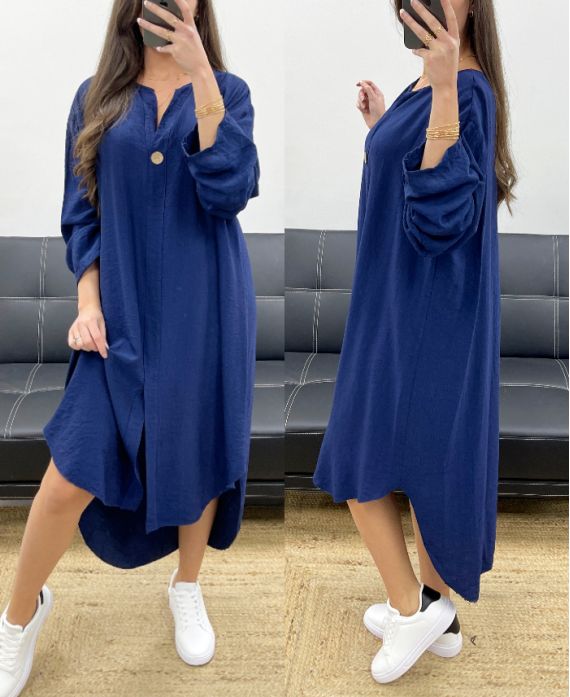 OVERSIZE-KLEID AUS FLIESSENDEM VISKOSE MIT BUTTON-DOWN-MUSTER PE0443 MARINEBLAU