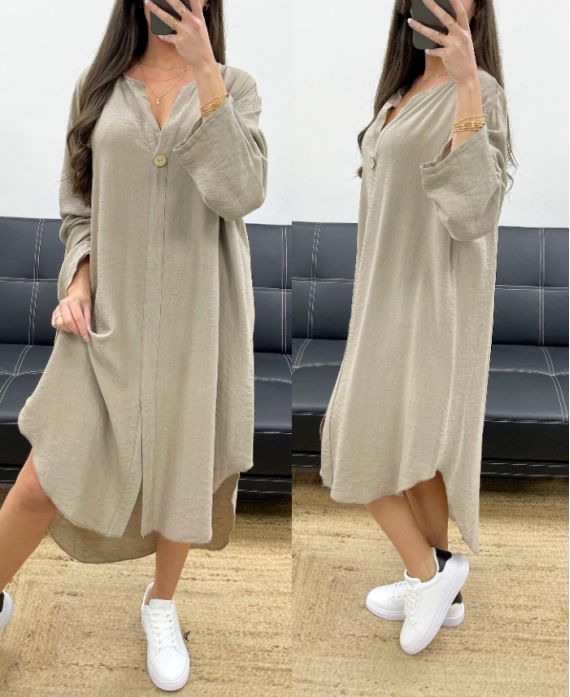 OVERSIZED DRESS FLUID VISCOSE BUTTON PE0443 TAUPE