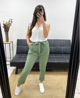 BROEK MET GESMOKTE RIEM PE0291 KHAKI