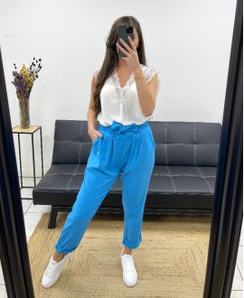 PANTALON AVEC CEINTURE SMOCKE PE0291 BLEU AZUR