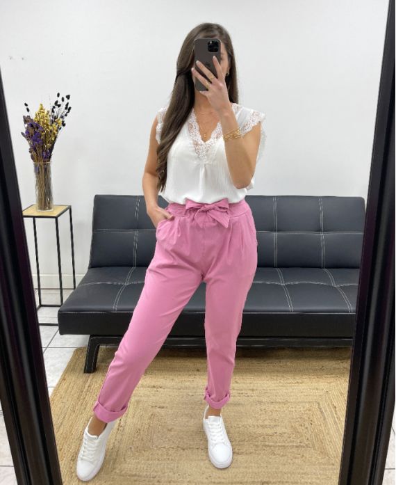 PANTALON AVEC CEINTURE SMOCKE PE0291 ROSE