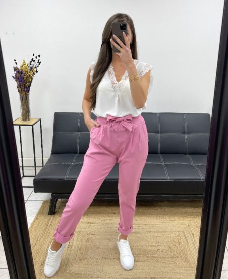 PANTALON AVEC CEINTURE SMOCKE PE0291 ROSE