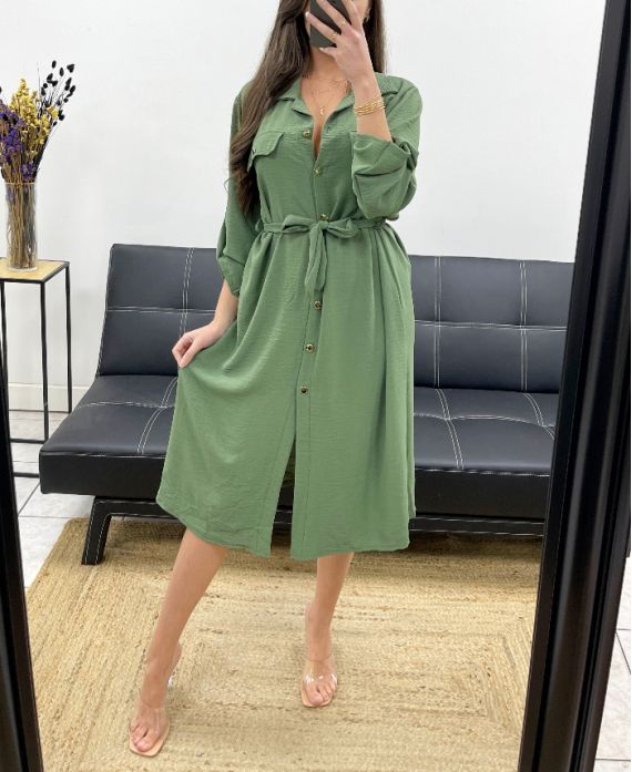 LONG SHIRT DRESS WITH TIE PE0392 KHAKI