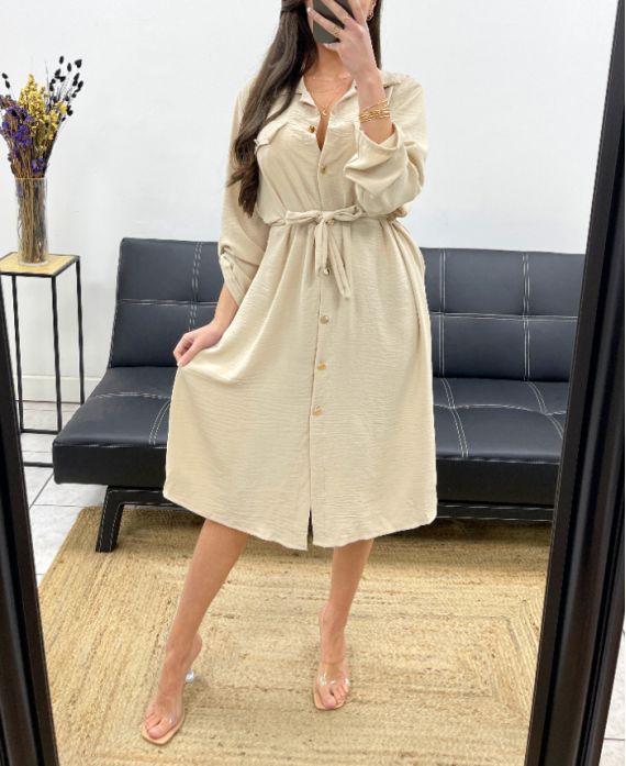 LONG SHIRT DRESS WITH TIE PE0392 BEIGE