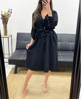 LONG SHIRT DRESS WITH TIE PE0392 BLACK