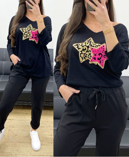 LIGHTWEIGHT LOOSE SWEATER DOUBLE STAR FLOCKING PE0264 BLACK