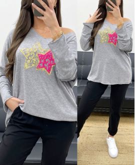 LIGHTWEIGHT LOOSE SWEATER WITH DOUBLE STAR FLOCKING PE0264 GREY