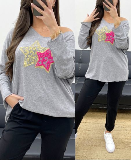 LIGHTWEIGHT LOOSE SWEATER WITH DOUBLE STAR FLOCKING PE0264 GREY