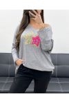 LIGHTWEIGHT LOOSE SWEATER WITH DOUBLE STAR FLOCKING PE0264 GREY