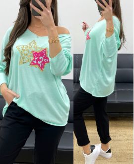 LIGHTWEIGHT LOOSE SWEATER DOUBLE STAR FLOCKING PE0264 PASTEL GREEN