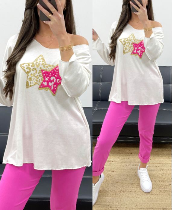 LIGHTWEIGHT LOOSE SWEATER WITH DOUBLE STAR FLOCKING PE0264 WHITE