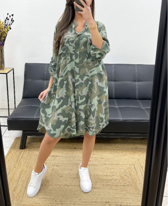 OVERSIZED CAMOUFLAGE SHIRT DRESS PE0373 KHAKI