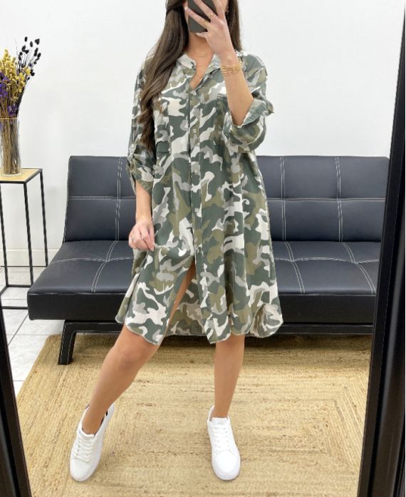 OVERSIZED CAMOUFLAGE SHIRT DRESS PE0373 BEIGE