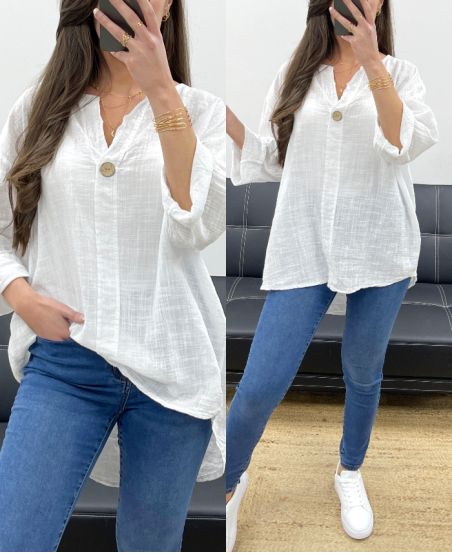 OVERSIZED TUNIC COTTON GAUZE BUTTON PE0386 WHITE