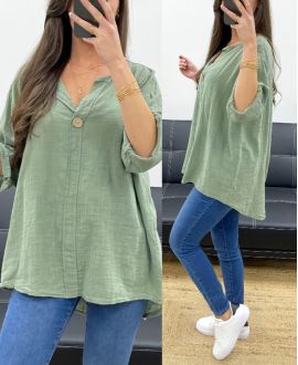 OVERSIZED TUNIC COTTON GAUZE BUTTON PE0386 KHAKI