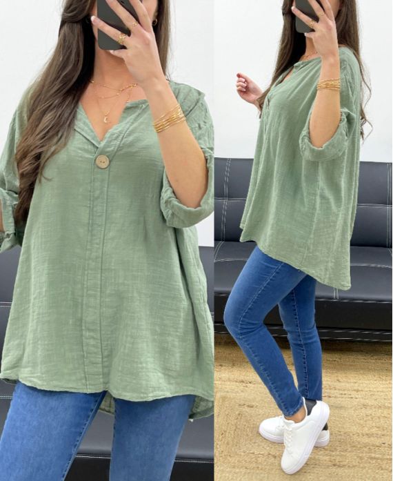 OVERSIZED TUNIC COTTON GAUZE BUTTON PE0386 KHAKI