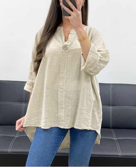 OVERSIZED COTTON GAUZE TUNIC BUTTON PE0386 BEIGE