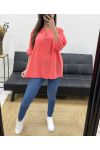 OVERSIZED TUNIC COTTON GAUZE BUTTON PE0386 CORAL