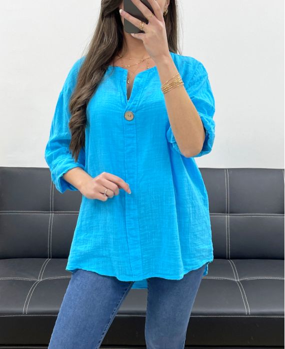 OVERSIZED COTTON GAUZE TUNIC BUTTON PE0386 AZURE BLUE